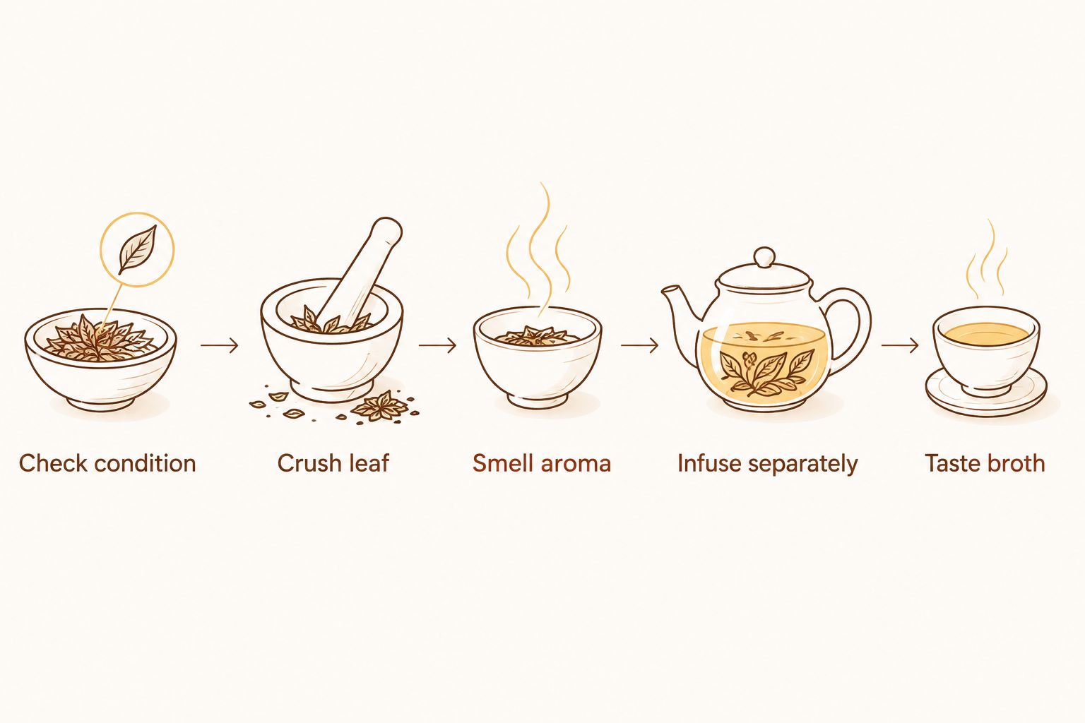 A sequence for checking dried bay leaves by condition, crushing, smelling, infusing, and tasting.