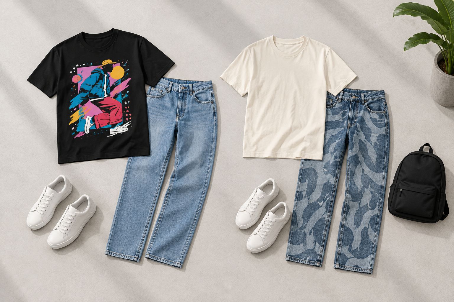 Graphic tee with plain jeans beside a plain tee with patterned jeans