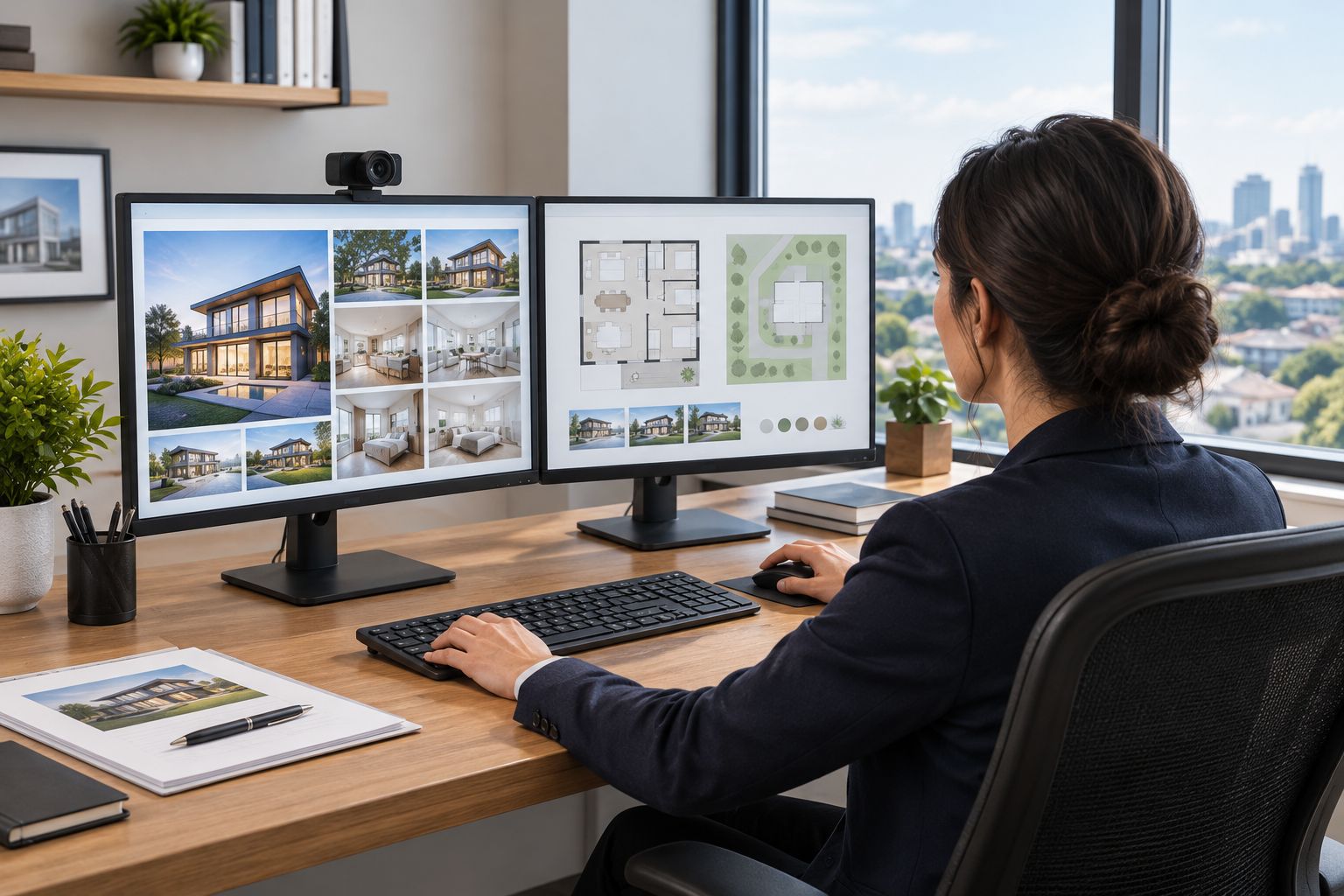 Office workstation with separate screens for property media and listing administration