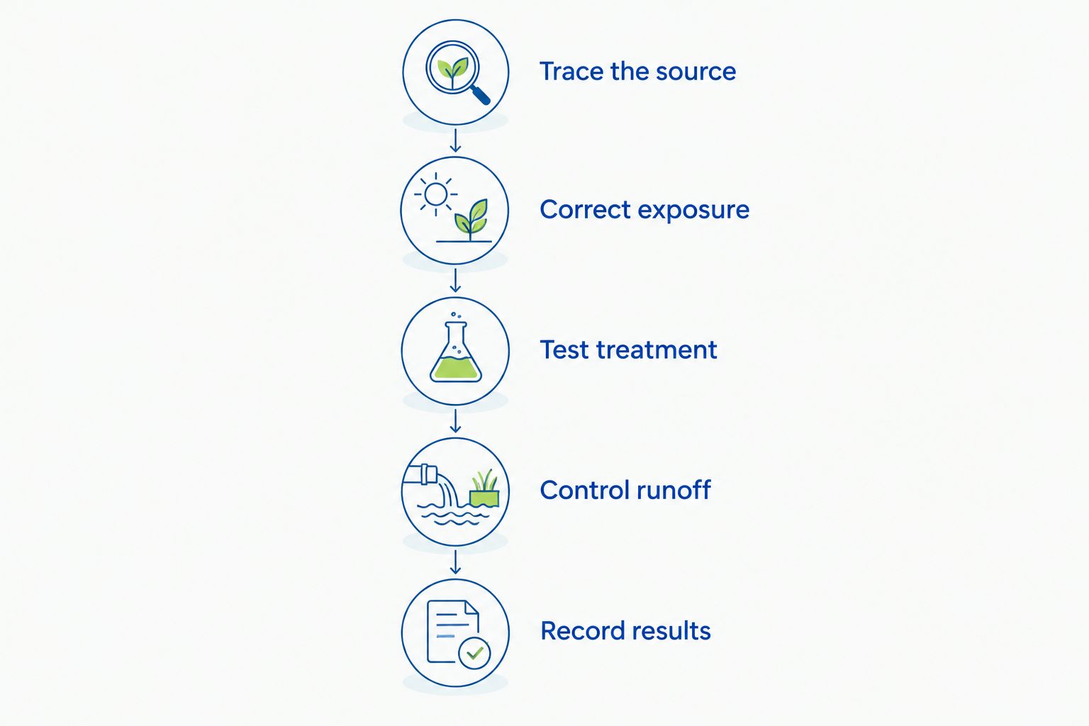 Five steps connecting rust source identification, exposure correction, treatment, runoff control, and documentation.