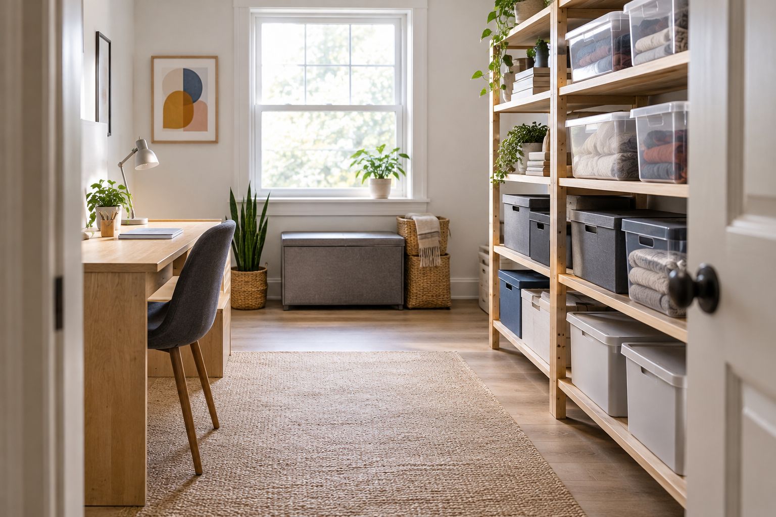 Spare room with a clear walkway, usable desk, and grouped storage on shelves