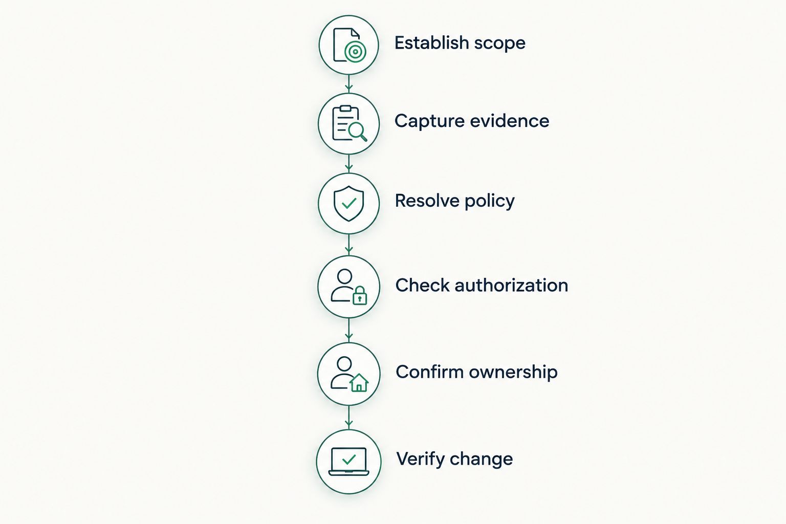 Illustrative sequence from certificate scope through DNS evidence, authorization review and verification.