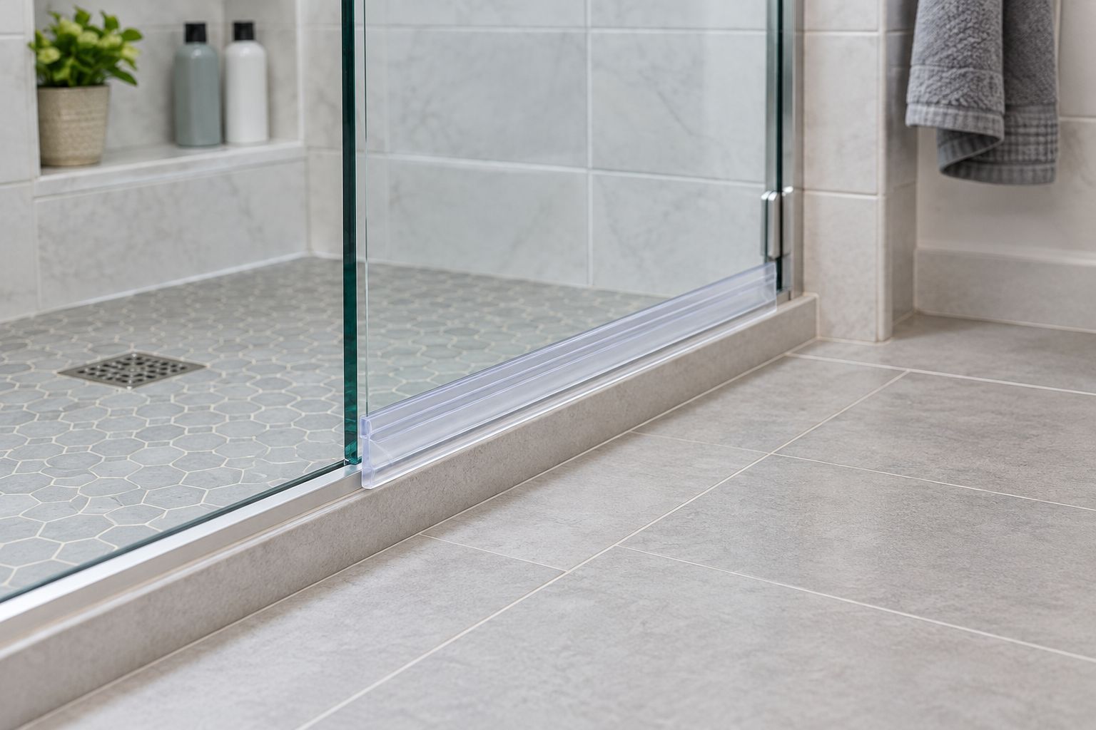 Close view of a frameless shower door bottom sweep and tiled threshold