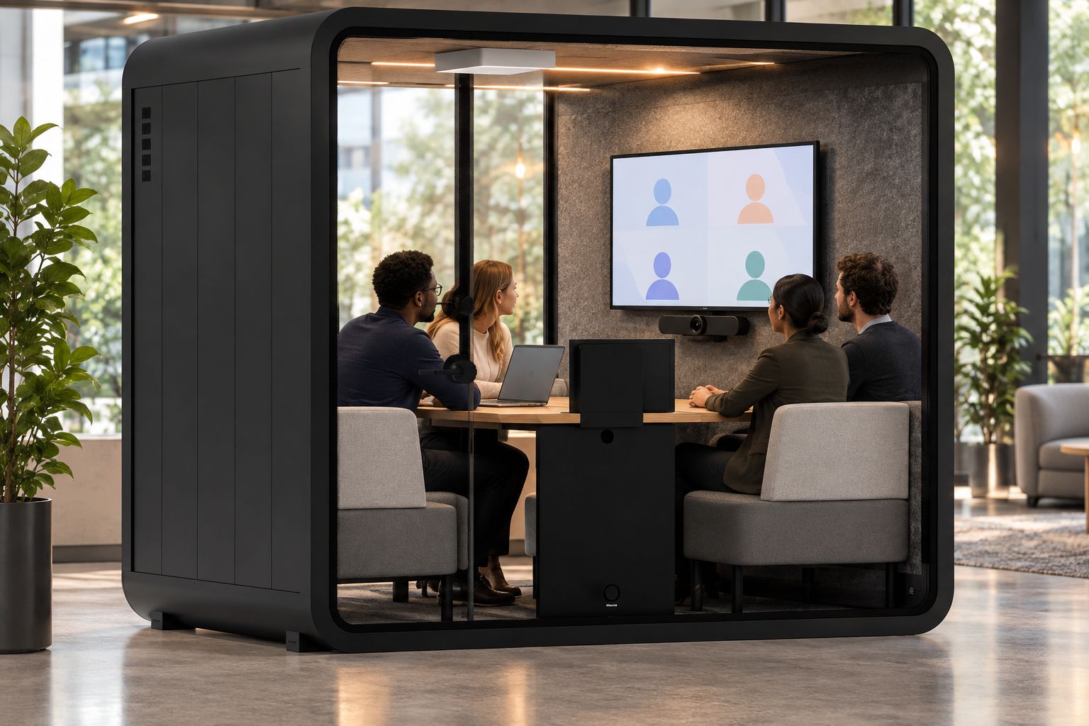 Team inside a meeting booth on a video call