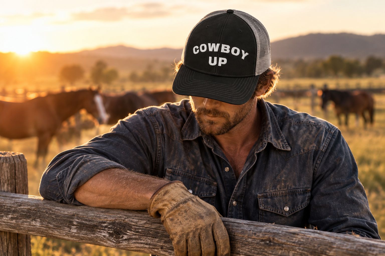 Rancher wearing a western trucker cap while leaning on a fence rail at sunset