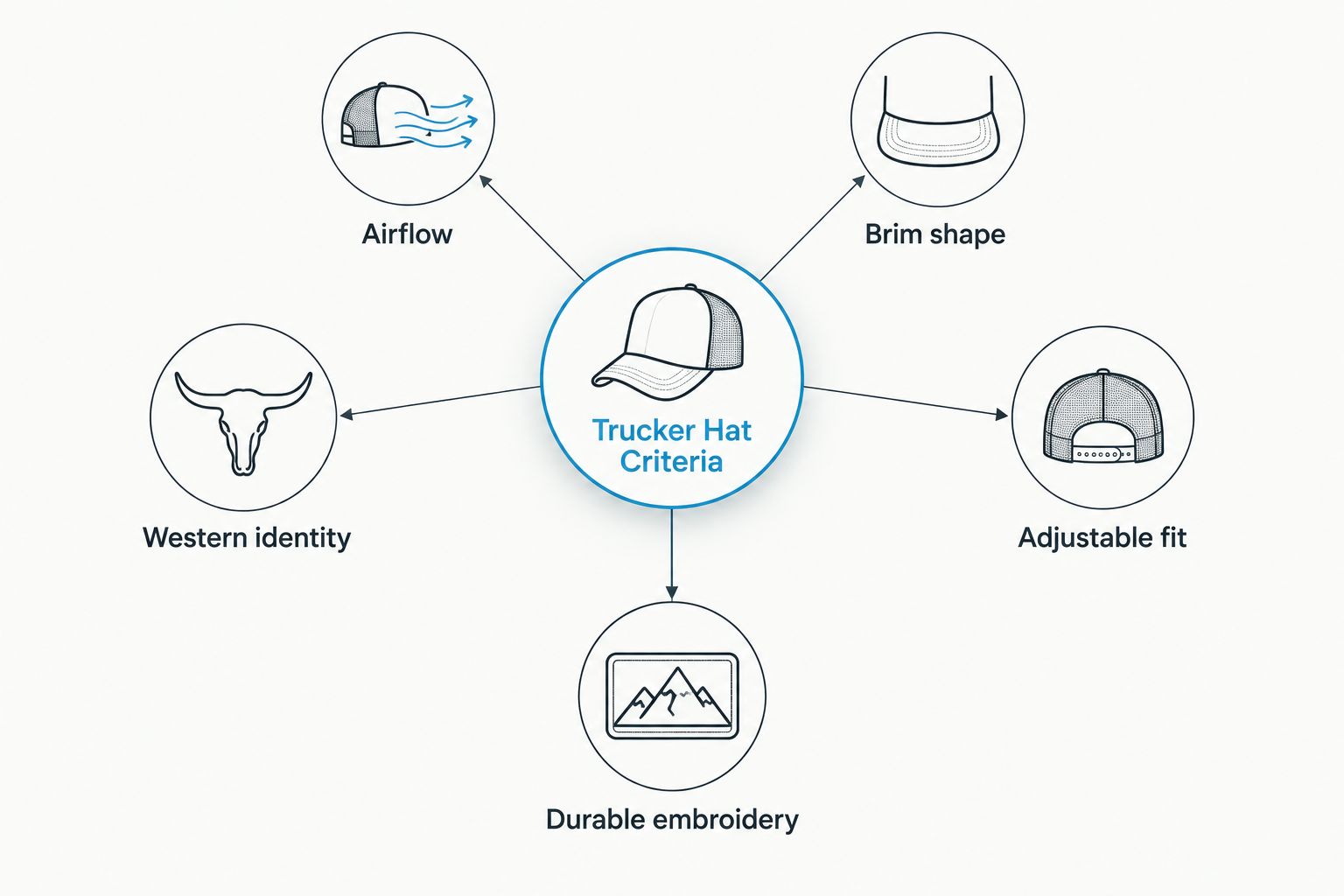 Hub and spoke diagram of five criteria for choosing a western trucker hat