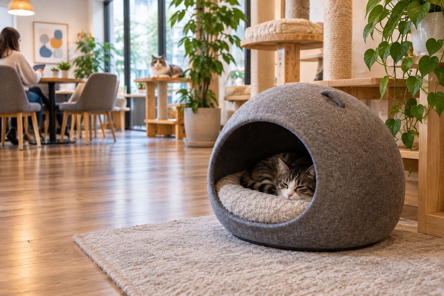Cat resting in a cave bed in a quiet corner away from guest seating