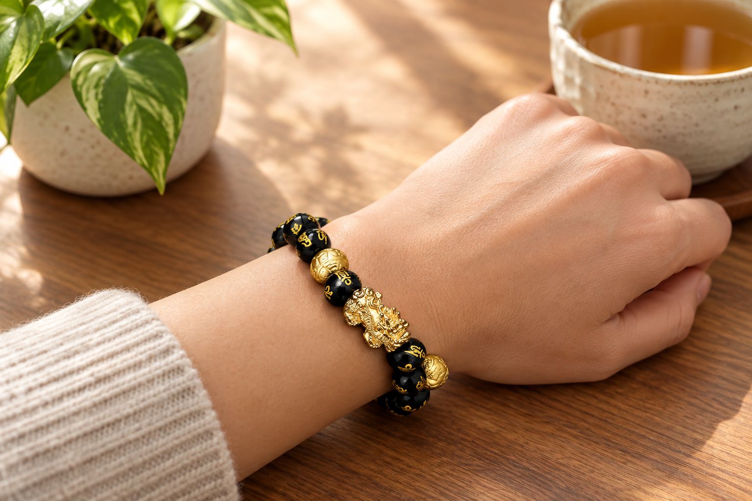 Black obsidian Pixiu wealth bracelet worn on a wrist at a desk