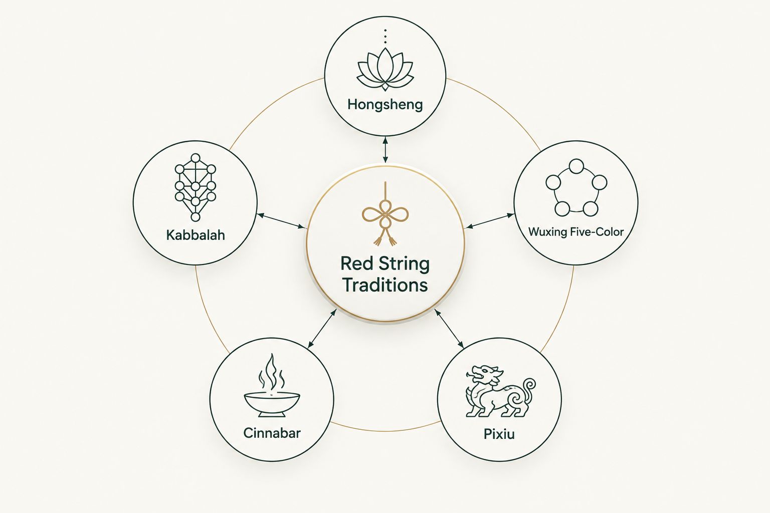 Diagram of five red string bracelet traditions branching from a central hub