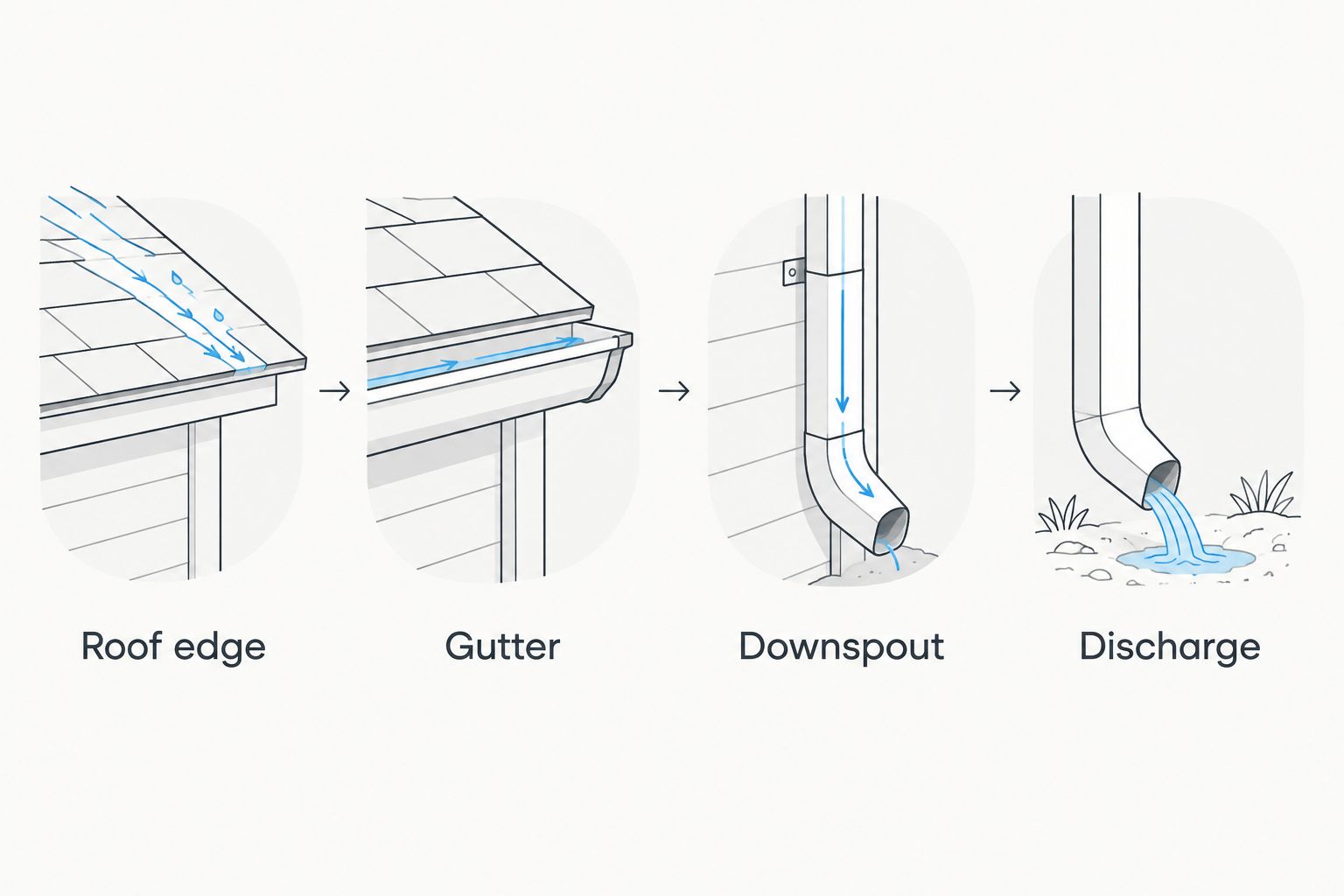 Drainage inspection sequence from roof edge through gutter and downspout to discharge