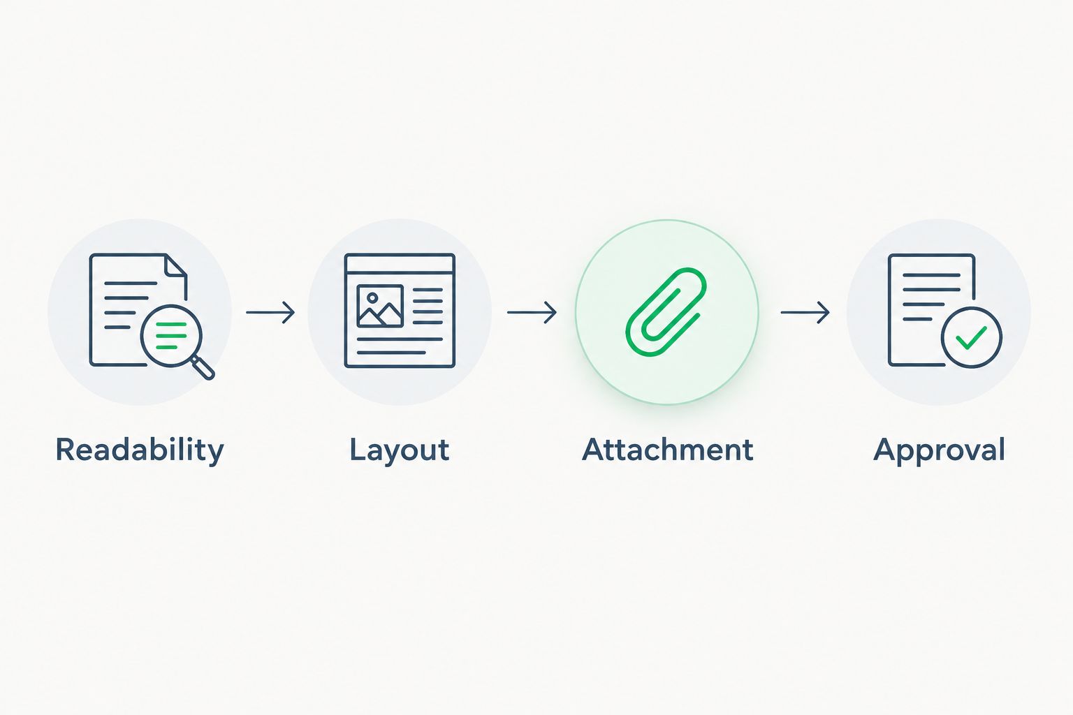 Proof-review sequence covering readability, layout, attachment, and approval