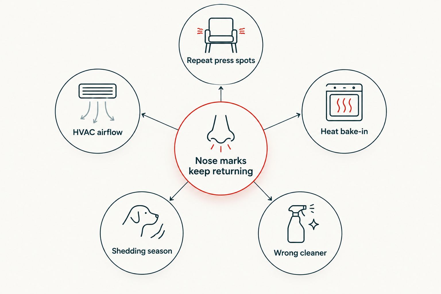 Diagram showing five causes of recurring dog nose marks on car windows
