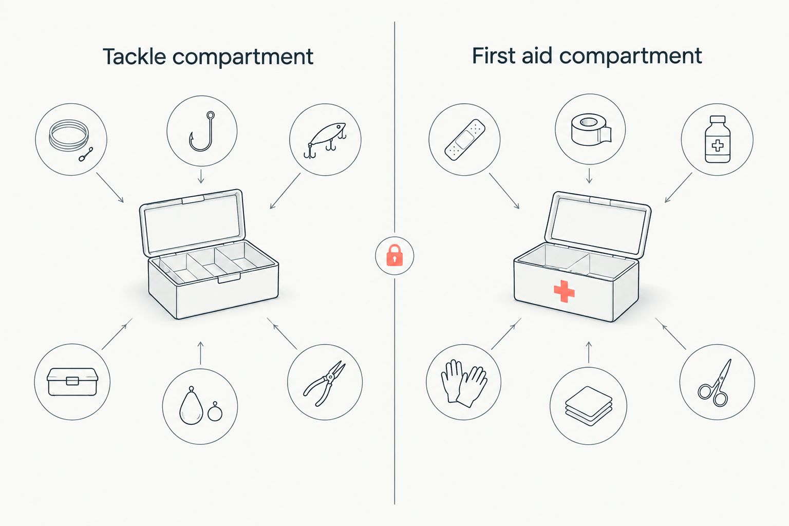 Two-column diagram showing a tackle compartment separated from a first aid compartment