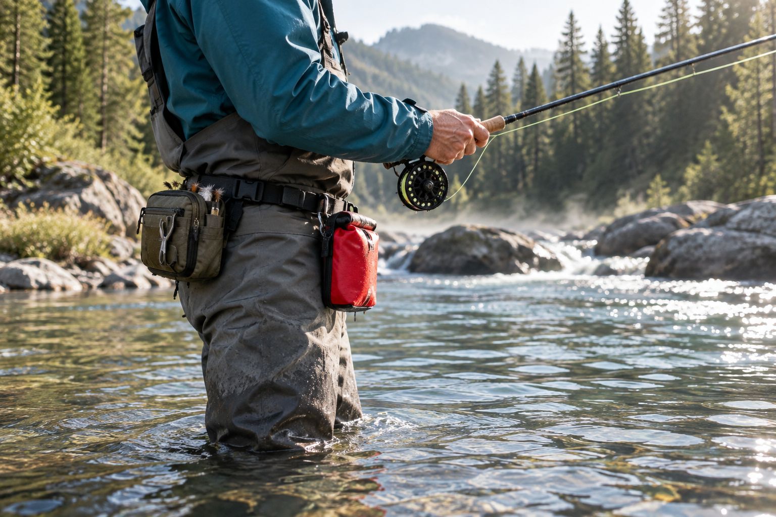 Angler wading a river with tackle and first aid pouches clipped to opposite hips