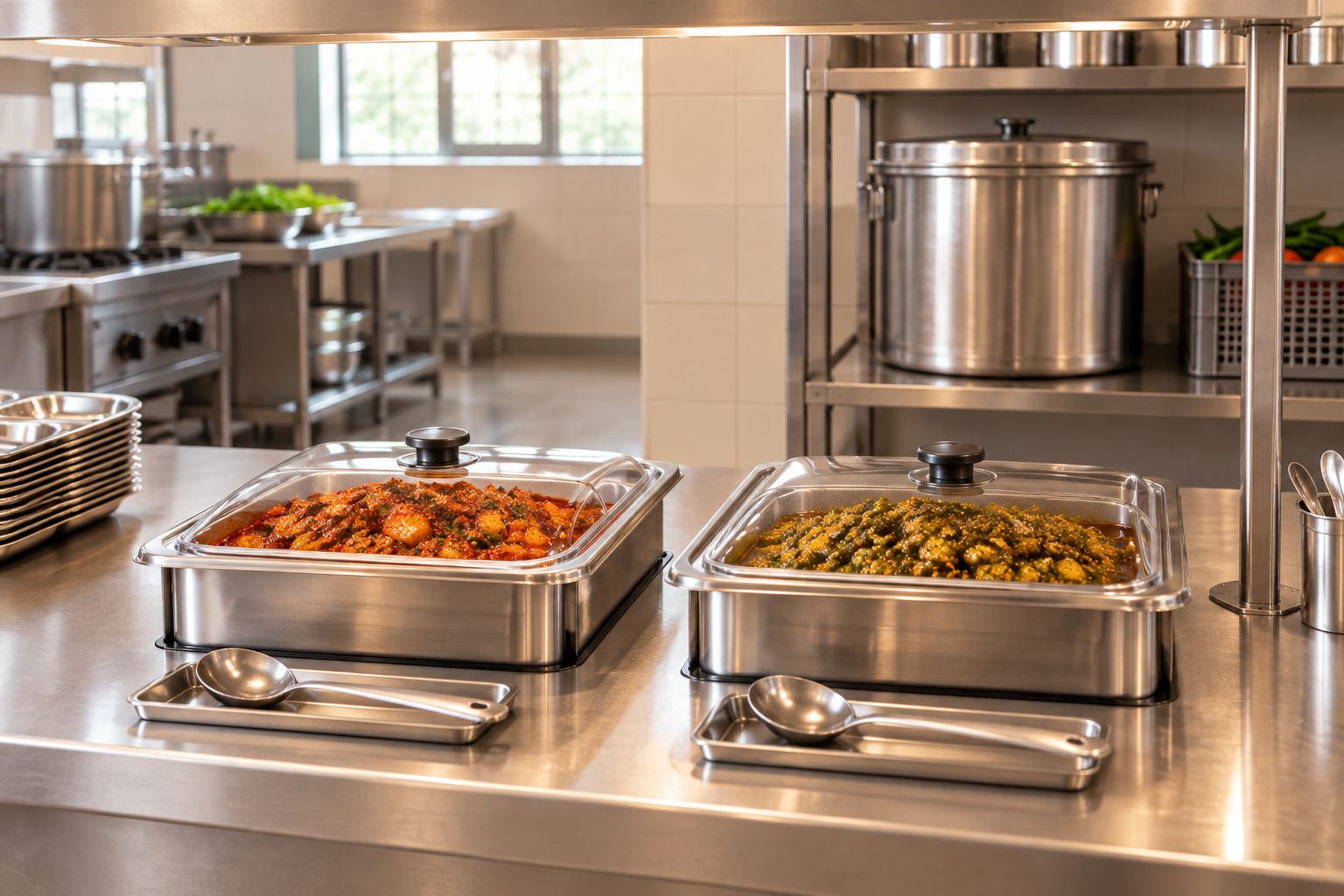 Separate covered serving containers with dedicated spoons and reserve stock on another shelf