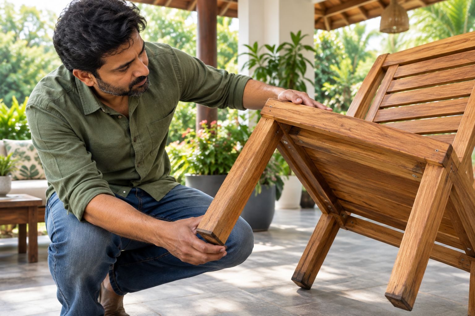 Inspection of a wooden garden chair’s joints, feet and underside before refinishing