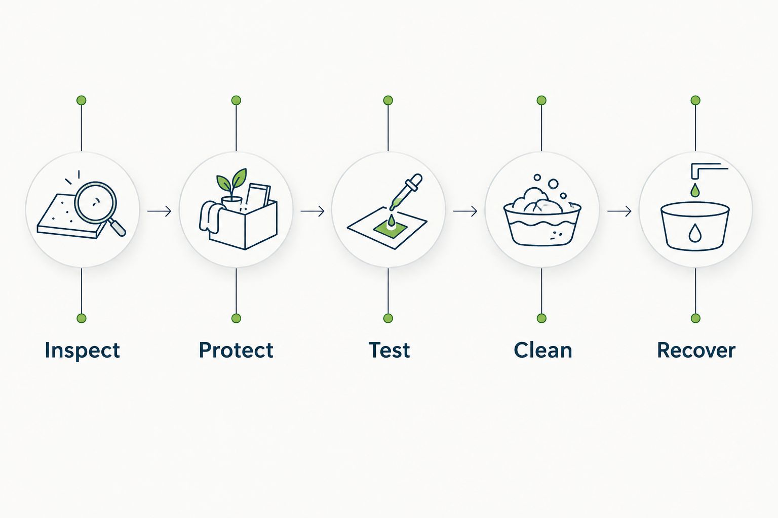Garage cleaning sequence: inspect, protect, test, clean, and recover dirty water.