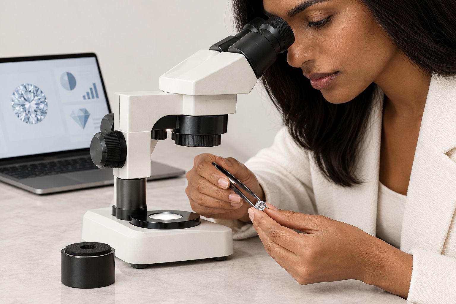 Gemologist examining a loose diamond under a microscope