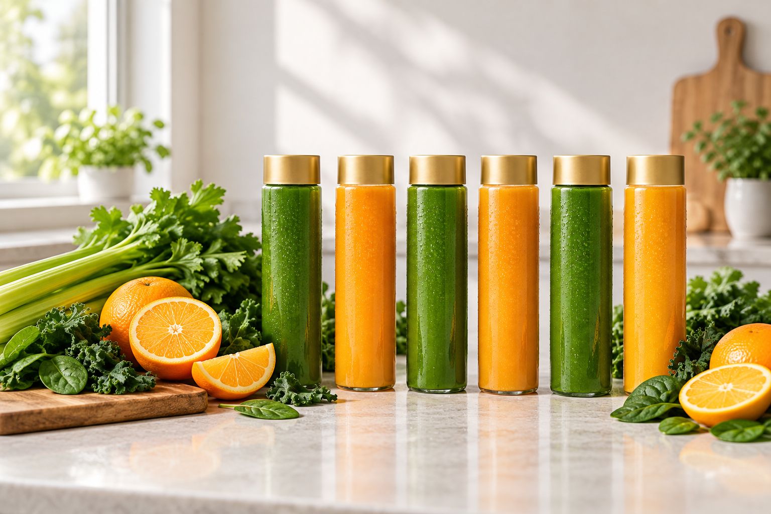 Glass bottles of cold-pressed juice on a kitchen counter with fresh produce