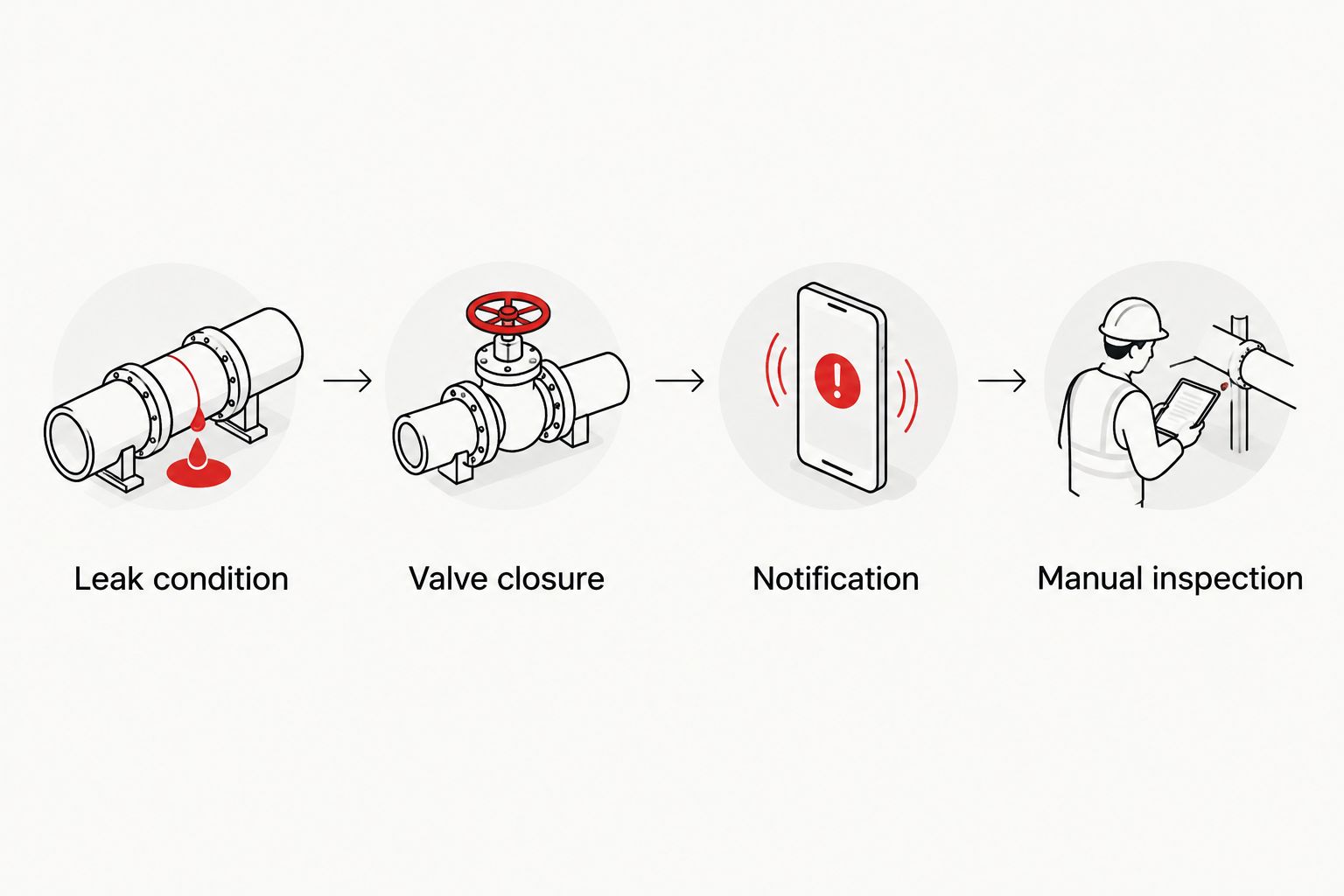 Leak detection sequence showing valve closure, notification, and manual inspection.
