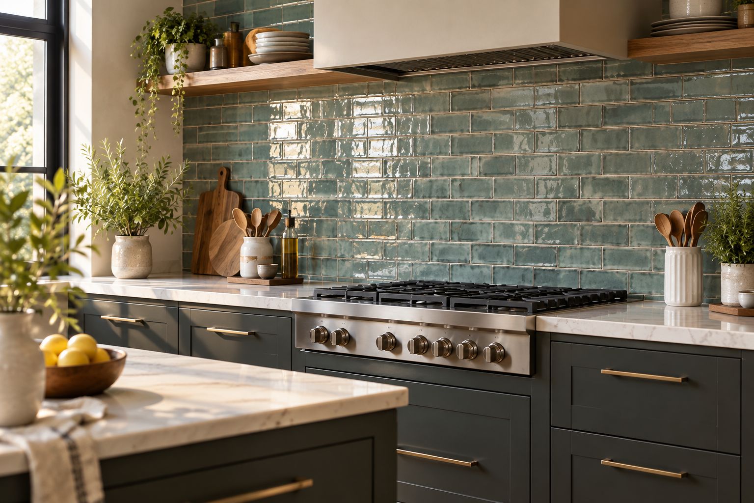 Zellige-style ceramic tile backsplash installed full height behind a kitchen range
