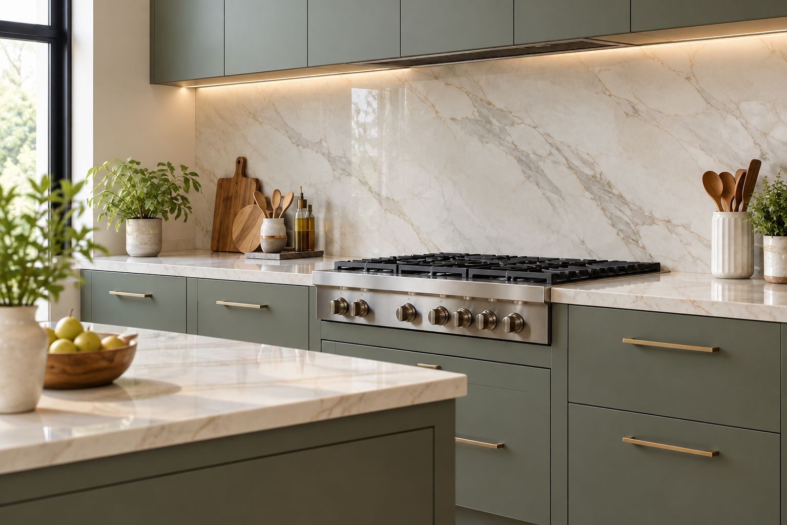 Large-format slab tile backsplash with minimal grout lines matching the countertop