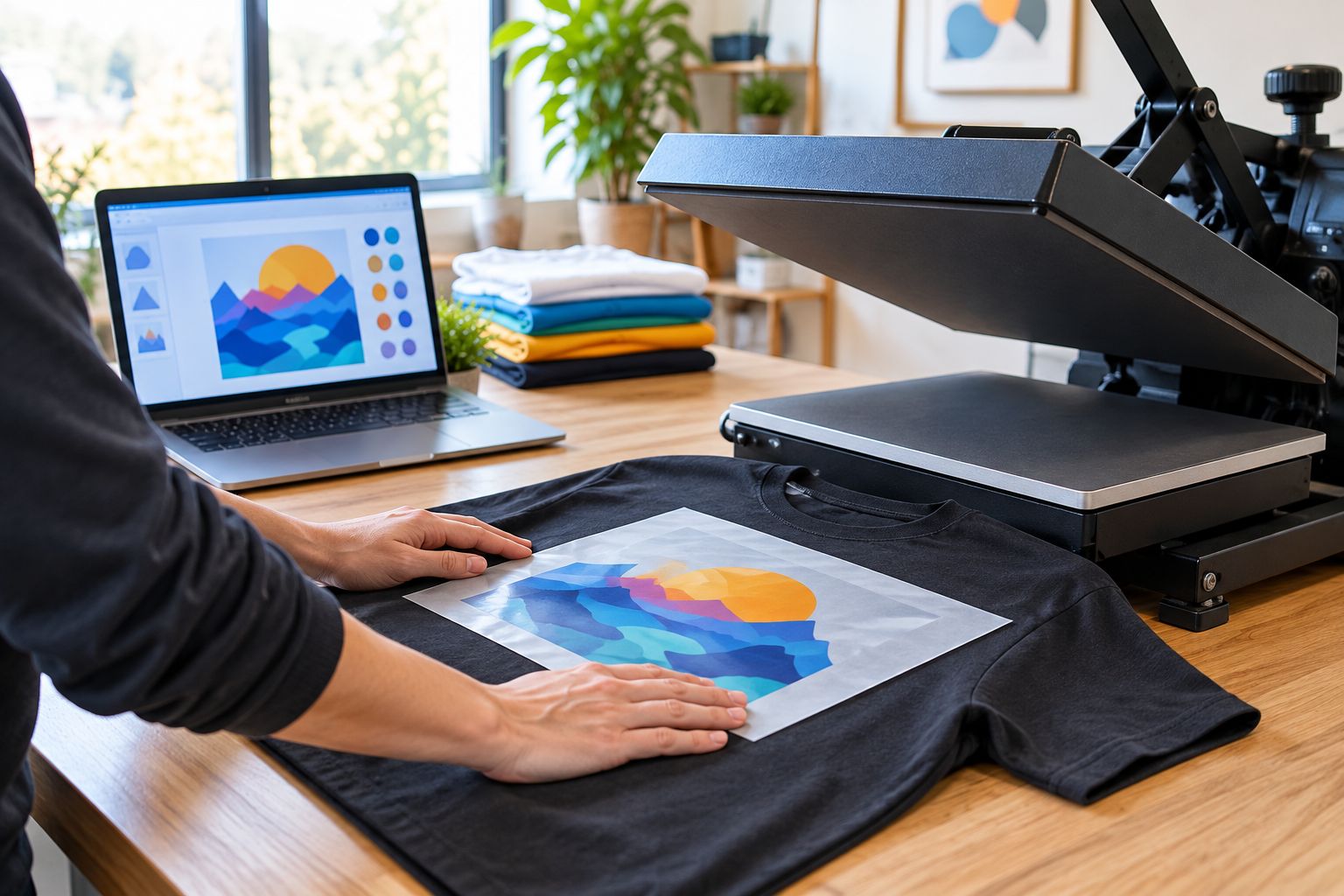 Transfer film aligned on a flat T-shirt beneath an open heat press