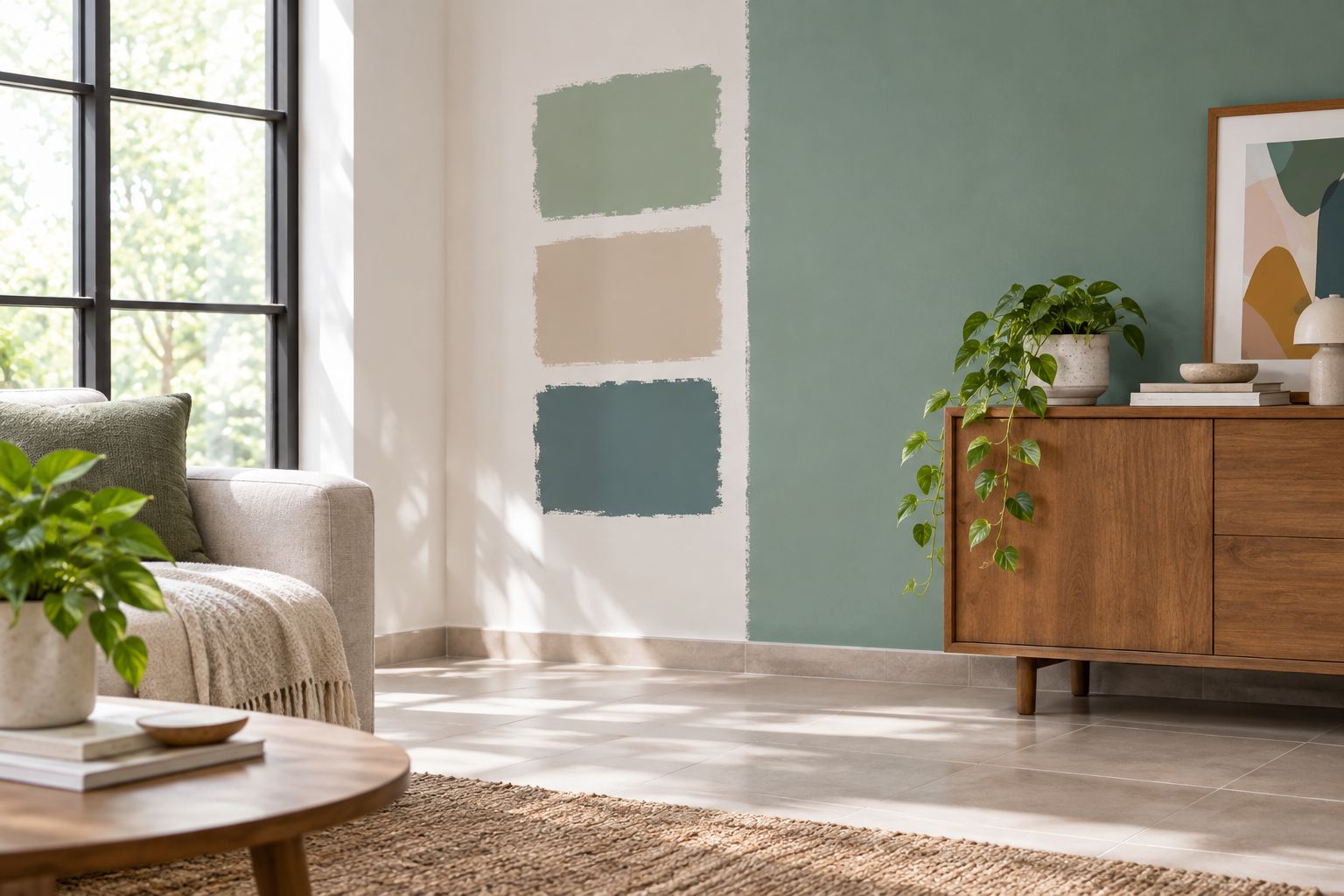 Paint sample patches beside a wooden cupboard and tiled floor