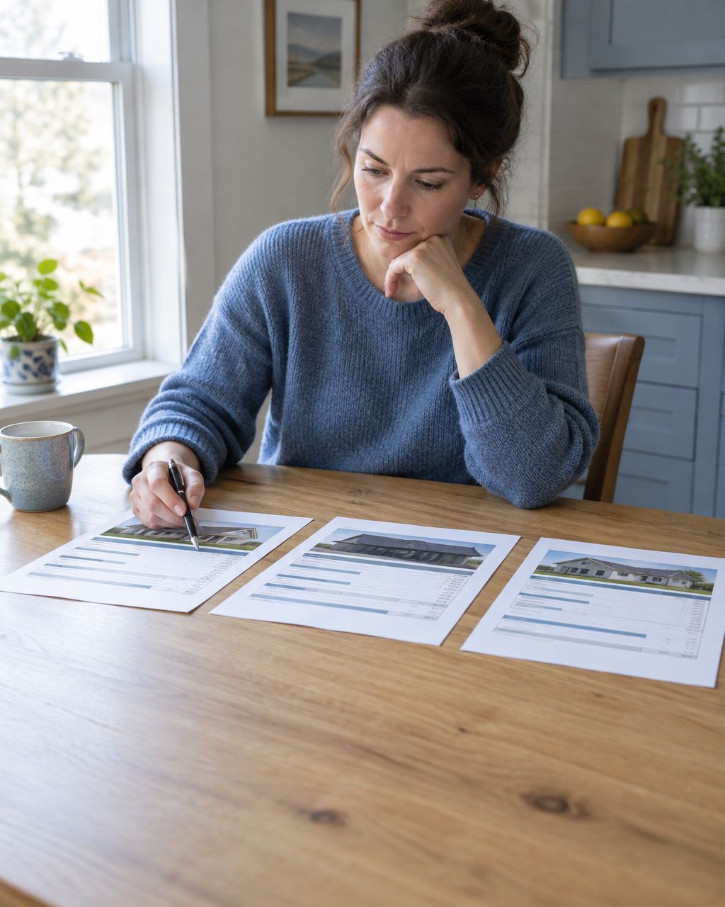 Homeowner comparing printed quotes from several service businesses at a kitchen table