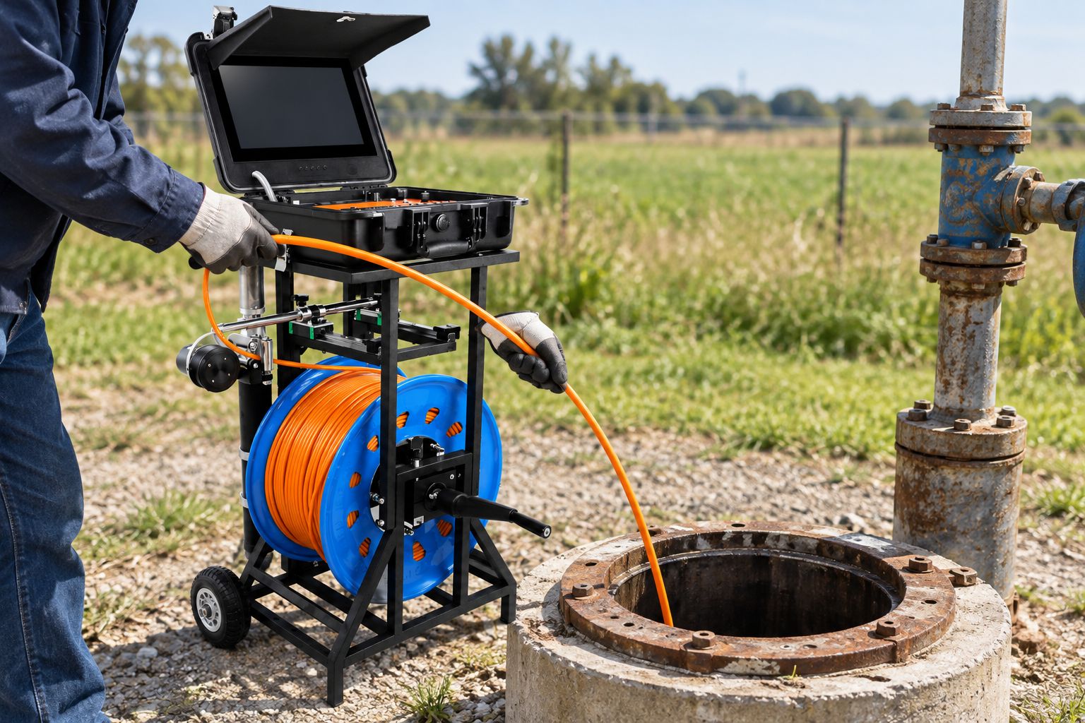 STRAHL HD well camera cable being lowered into a well casing