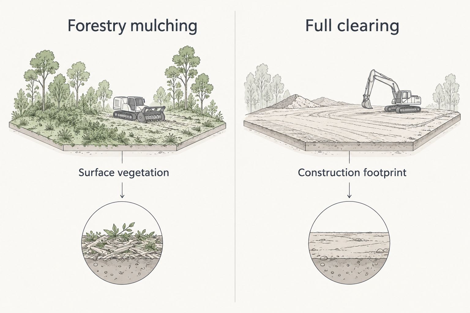 Comparison of forestry mulching for surface vegetation and full clearing for a construction footprint