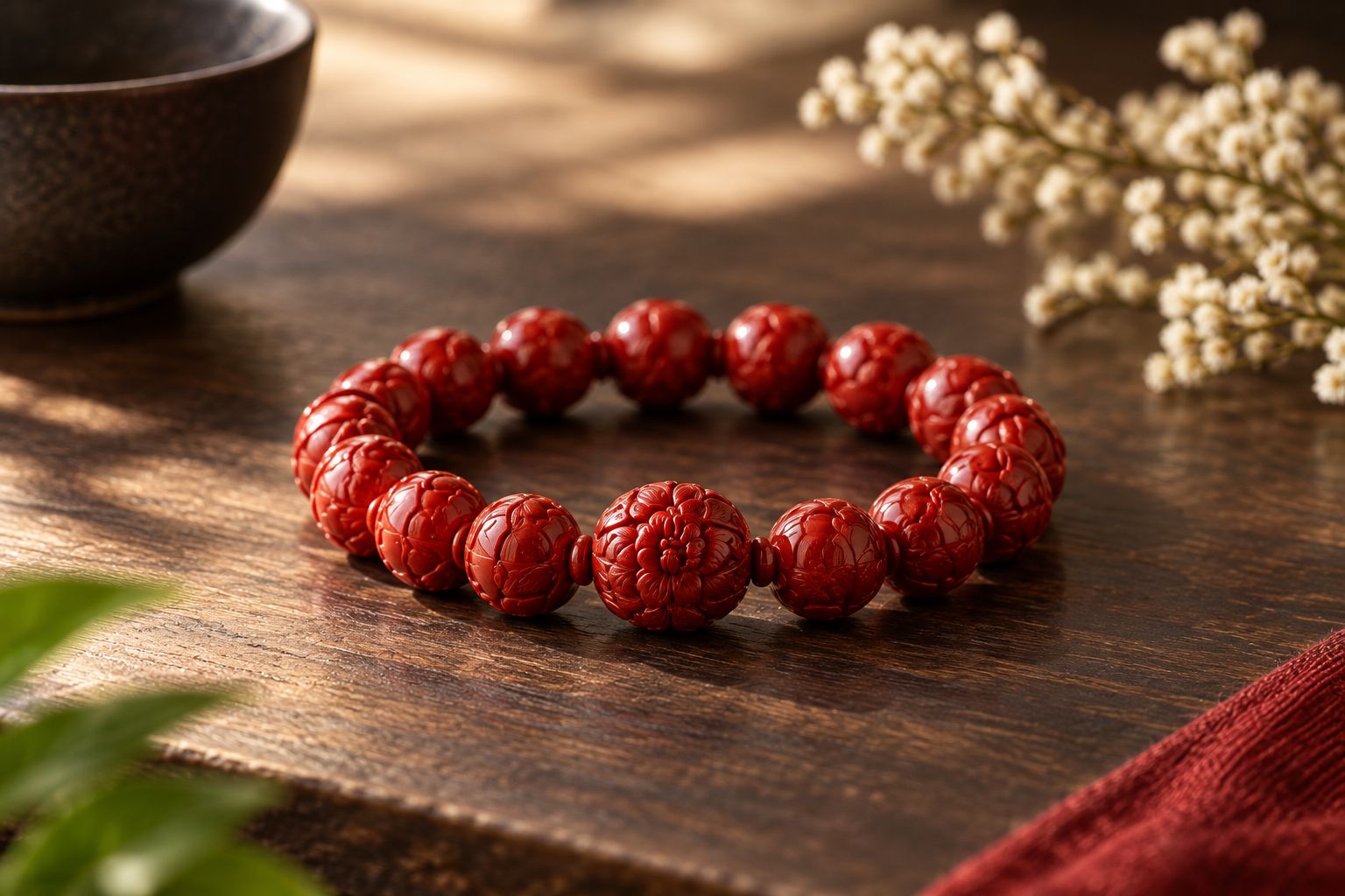Carved red lacquer bracelet with detailed floral motifs on a wood table