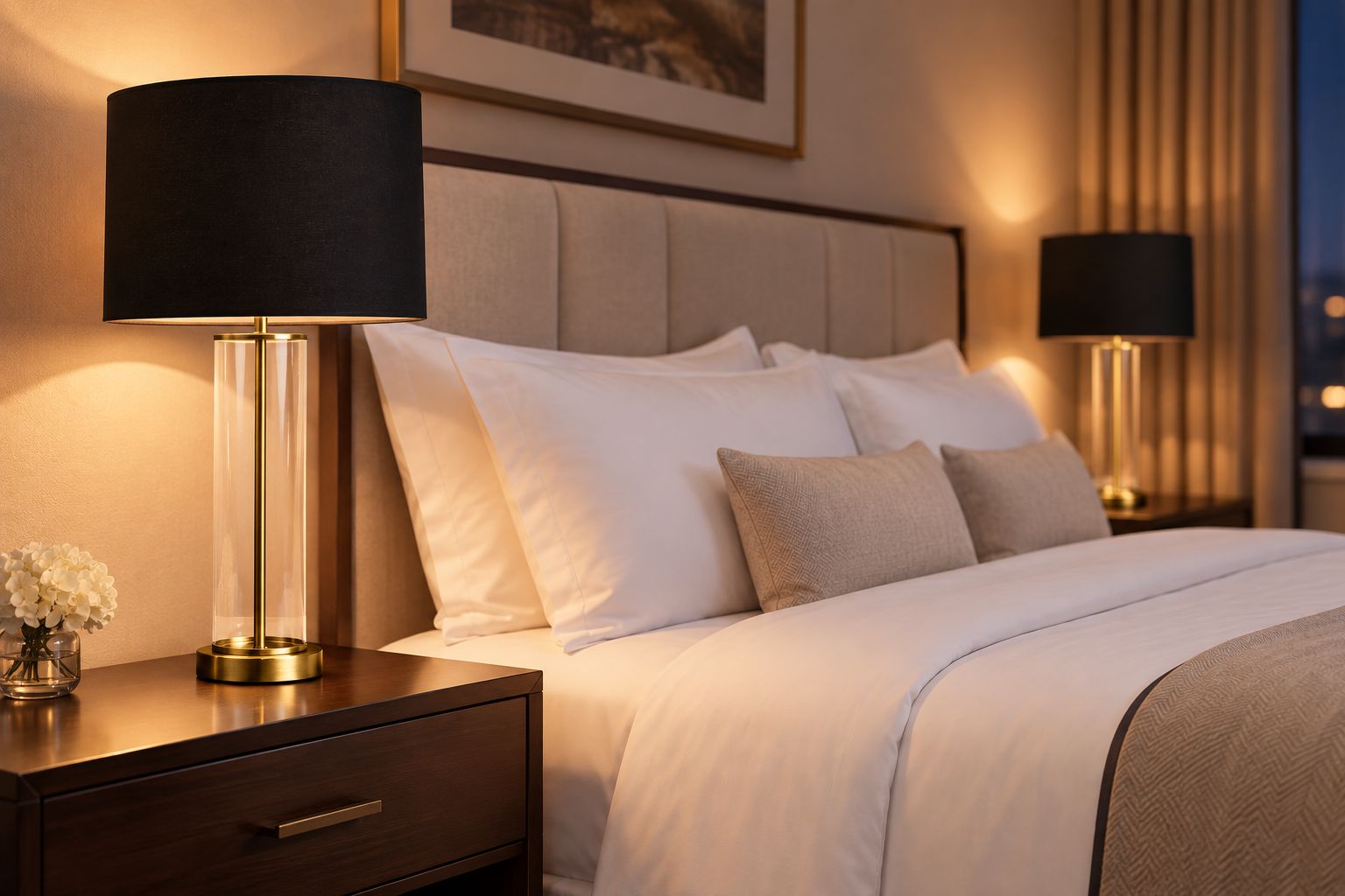 Matched pair of brass table lamps on bedside tables flanking a hotel-style bed