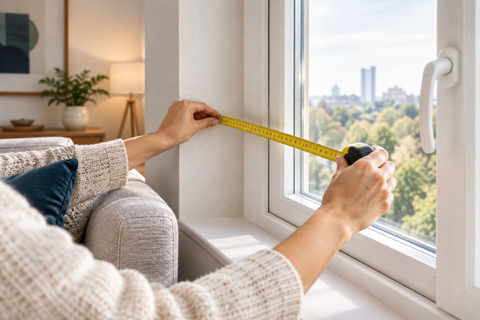 Measuring a window recess beside a handle to check clearance for a window treatment