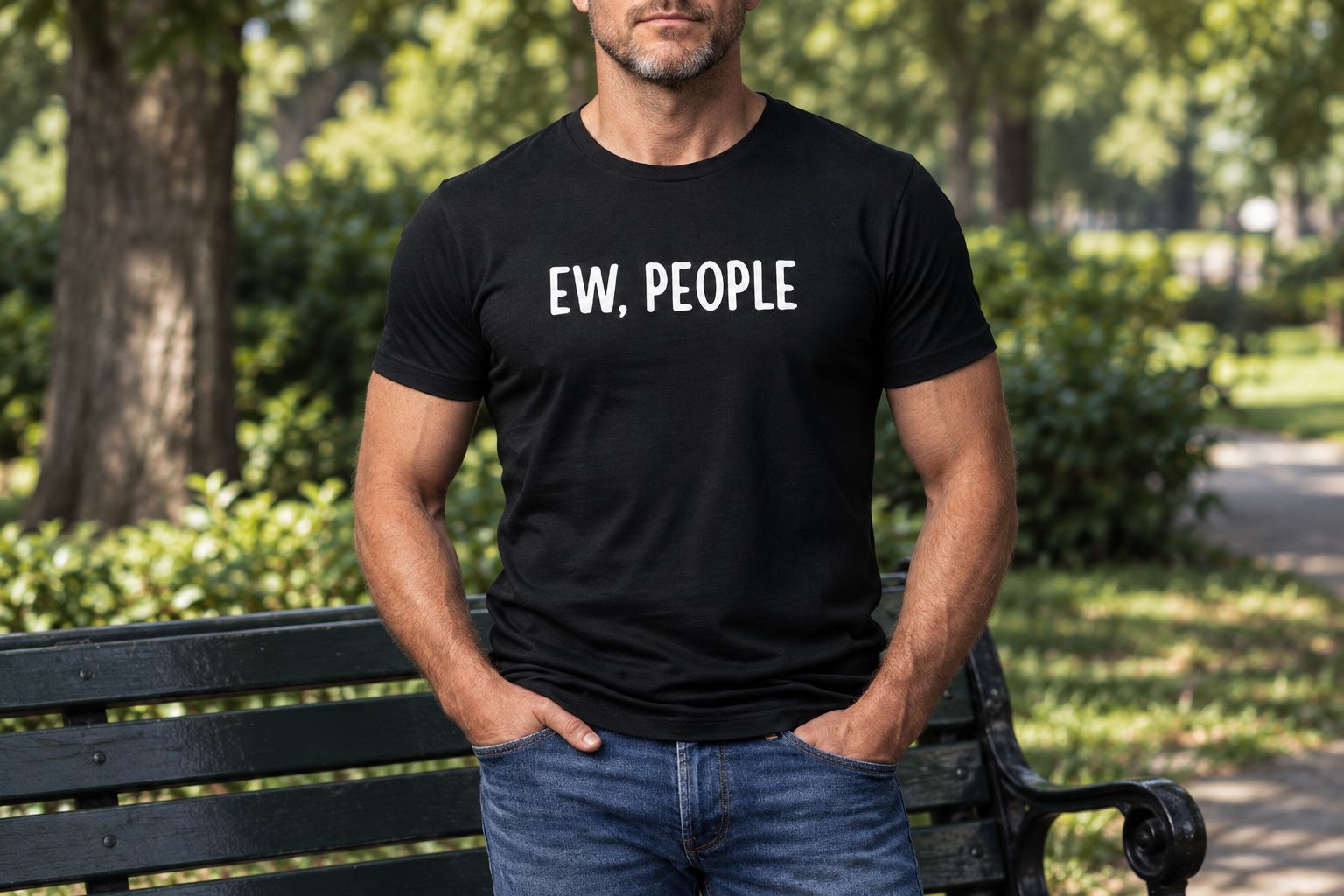 An adult wearing the sarcastic graphic tee with plain jeans outdoors