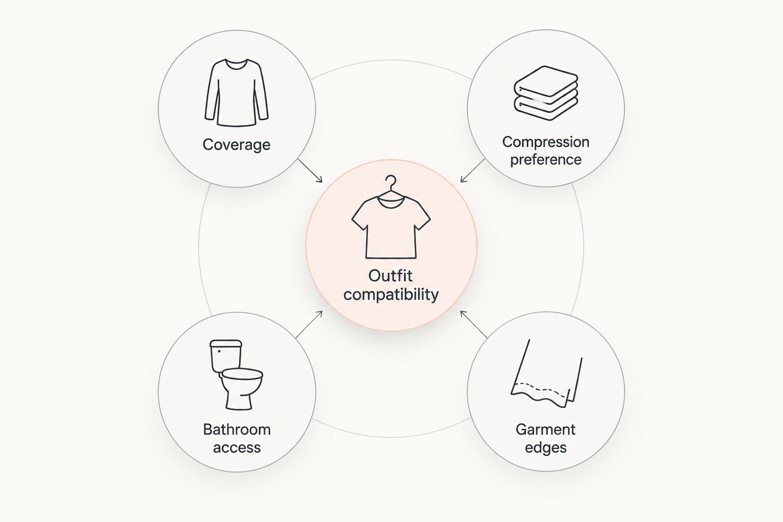 Outfit compatibility connected to coverage, compression preference, bathroom access, and garment edges