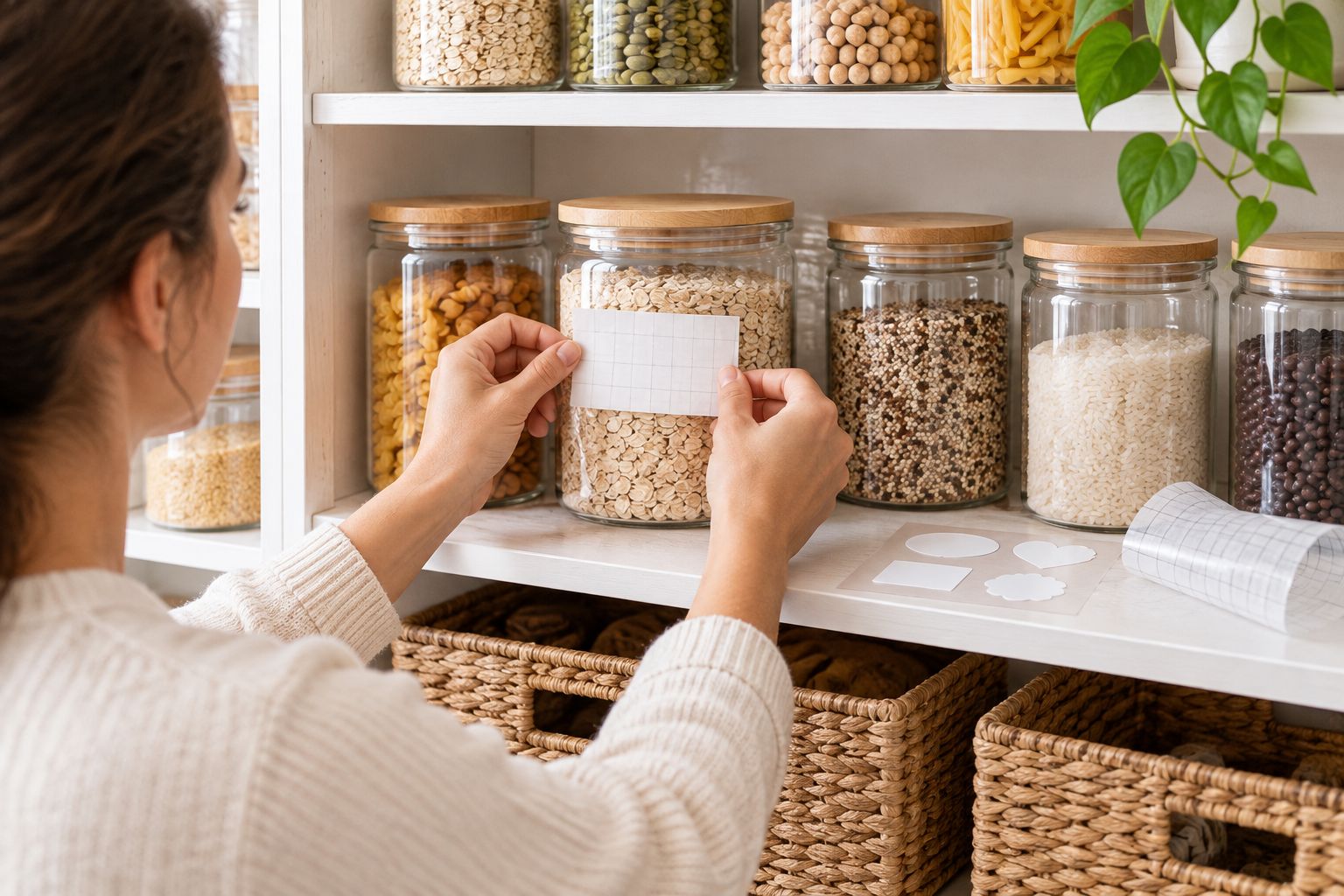 A paper alignment guide helps position pantry labels consistently on containers