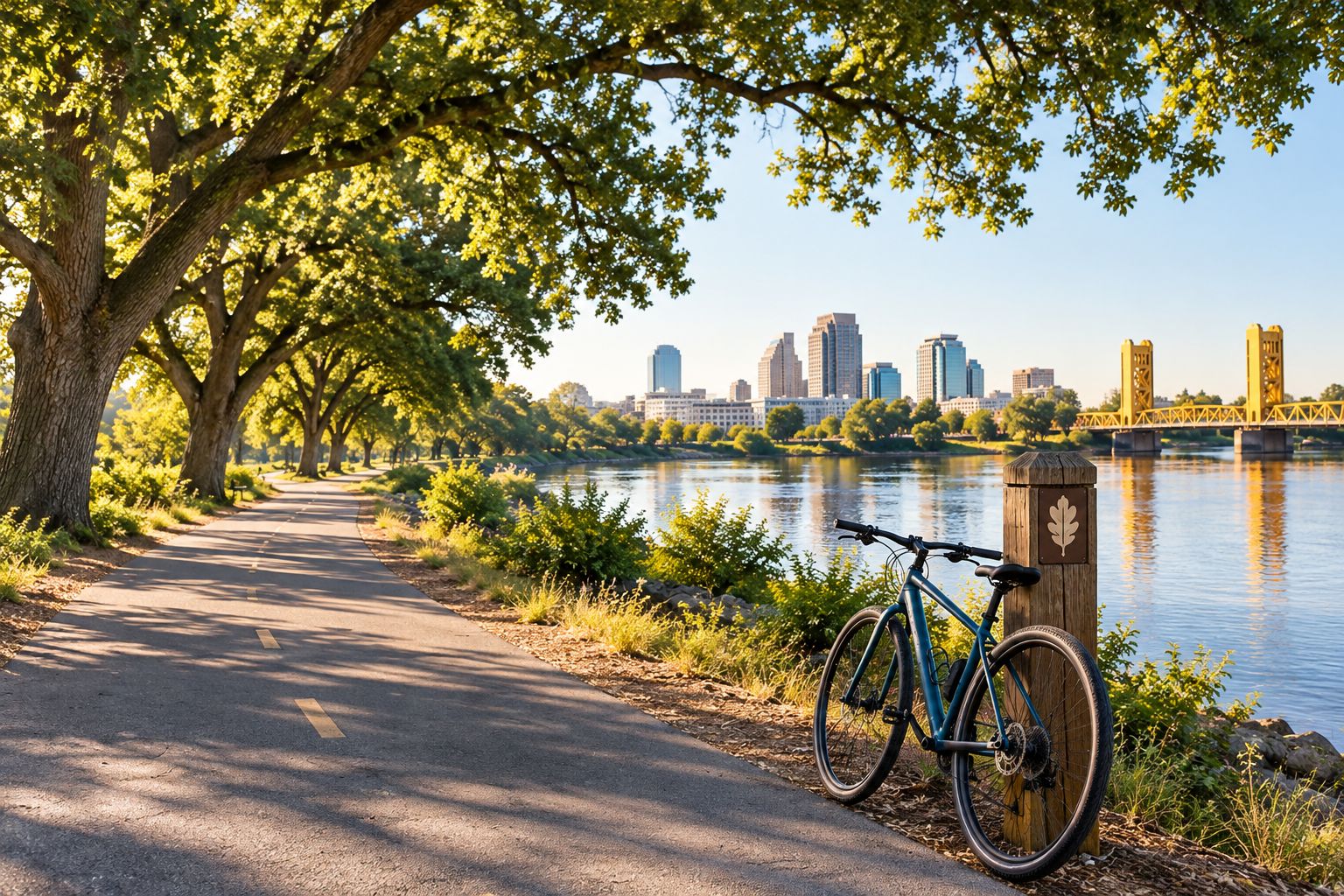 Paved river trail lined with oak trees along the American River Parkway