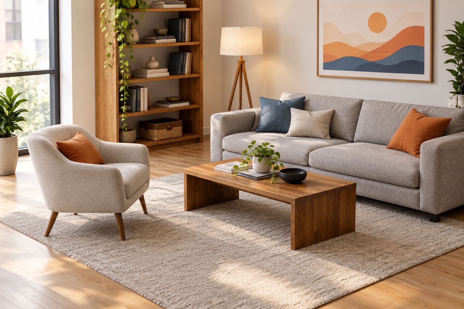 Living room seating with balanced proportions and clear walking space