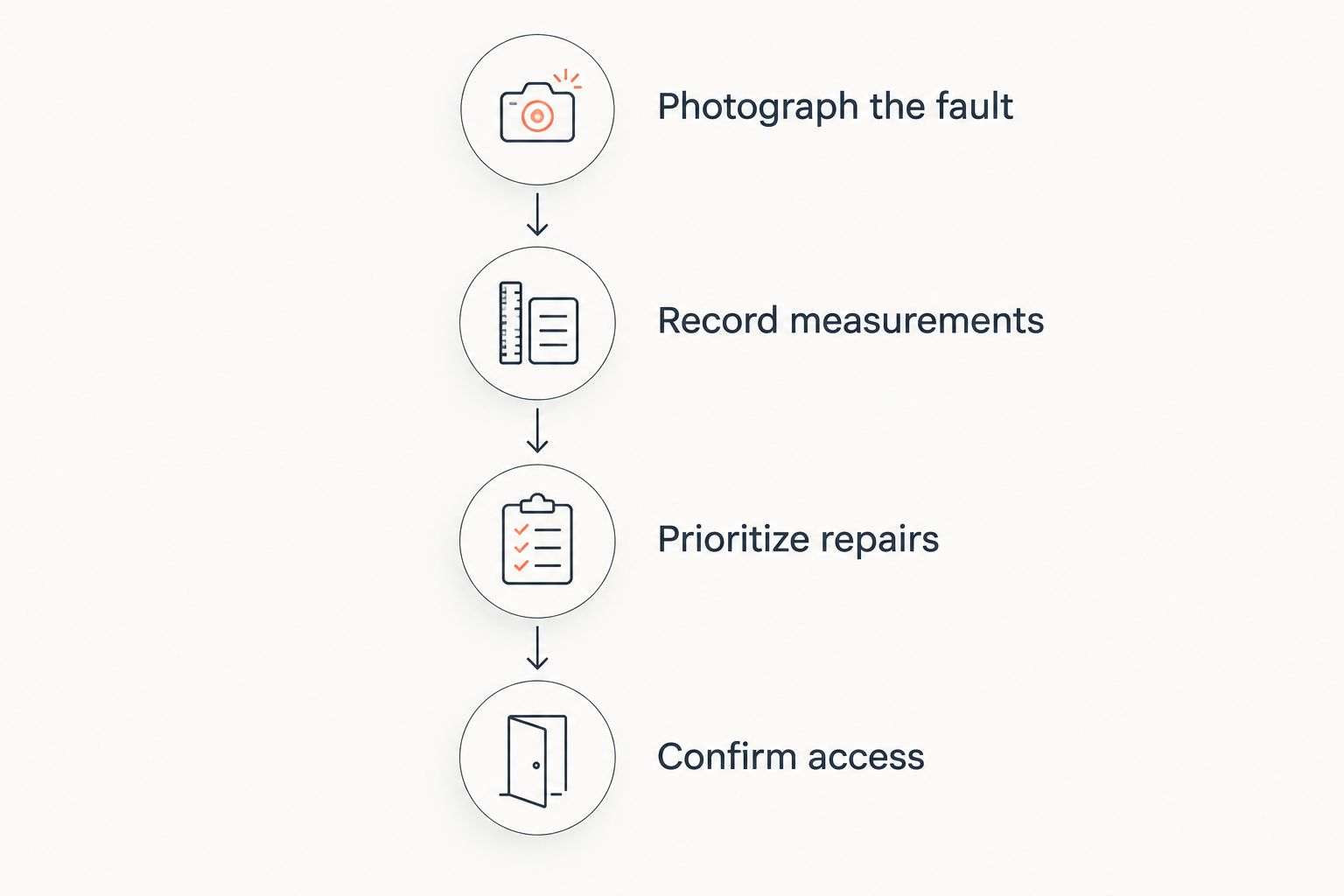 Four preparation steps covering photos, measurements, repair priorities, and building access.