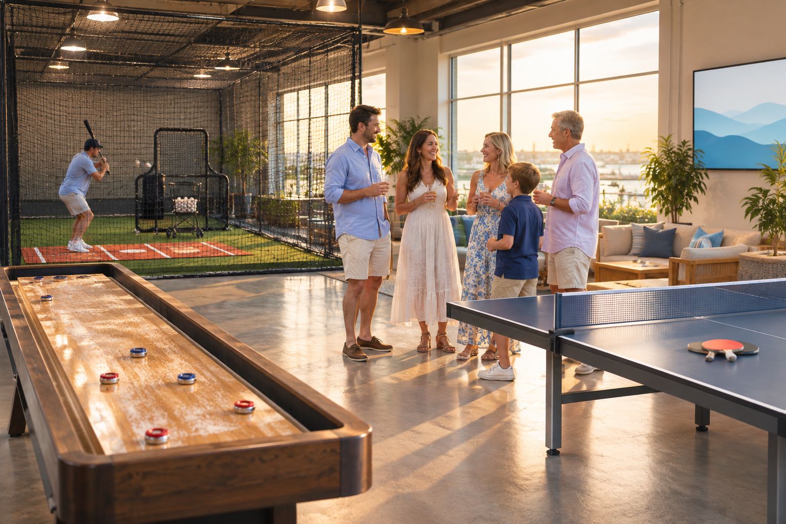 Indoor activity space with a batting cage, shuffleboard and ping-pong