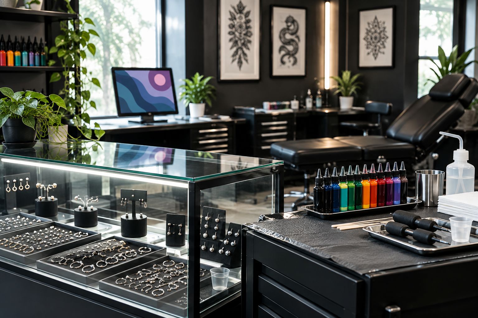 Combo studio counter with piercing jewelry case and tattoo ink station side by side