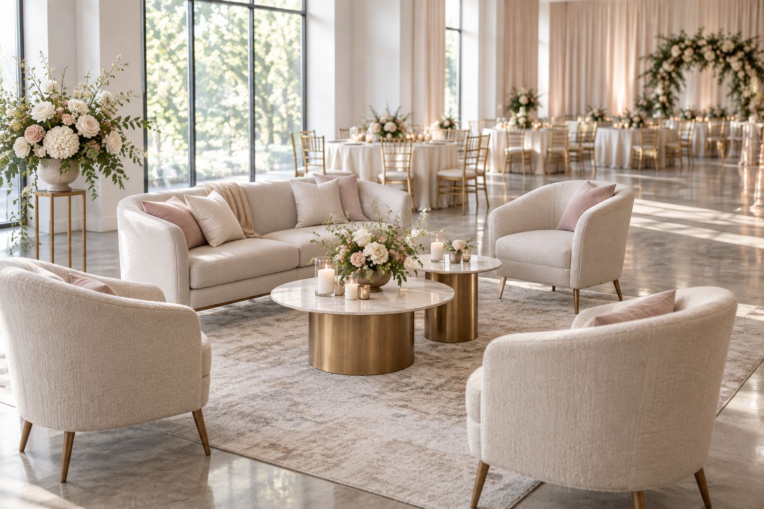 Wedding reception lounge with conversational seating and an open route beside the furniture