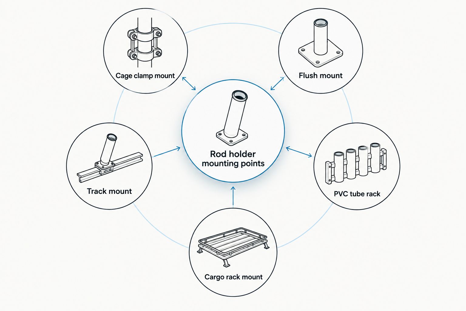 Diagram of five UTV rod holder mounting styles branching from one hub