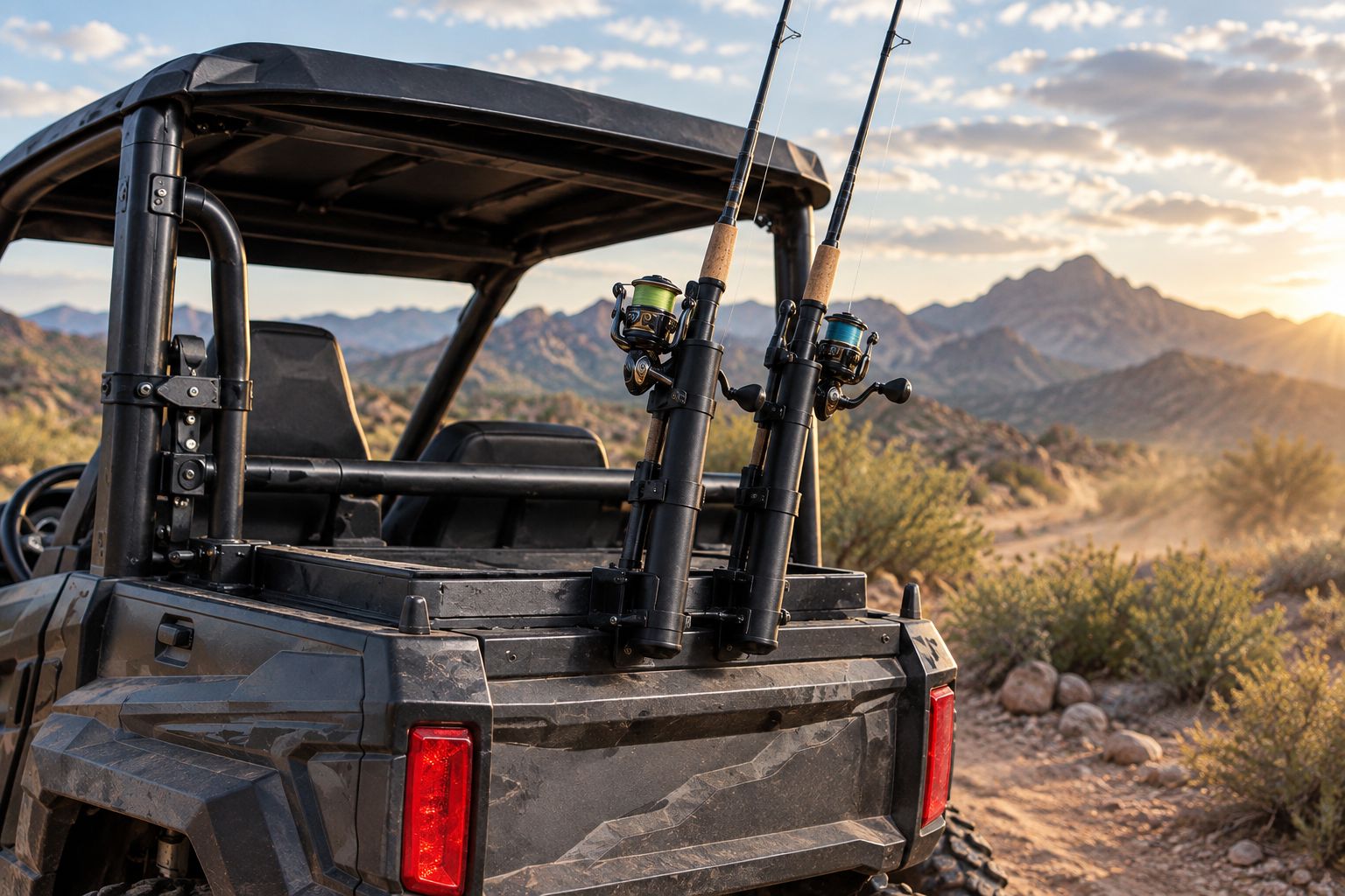 UTV roll cage with clamp-mount fishing rod holders installed