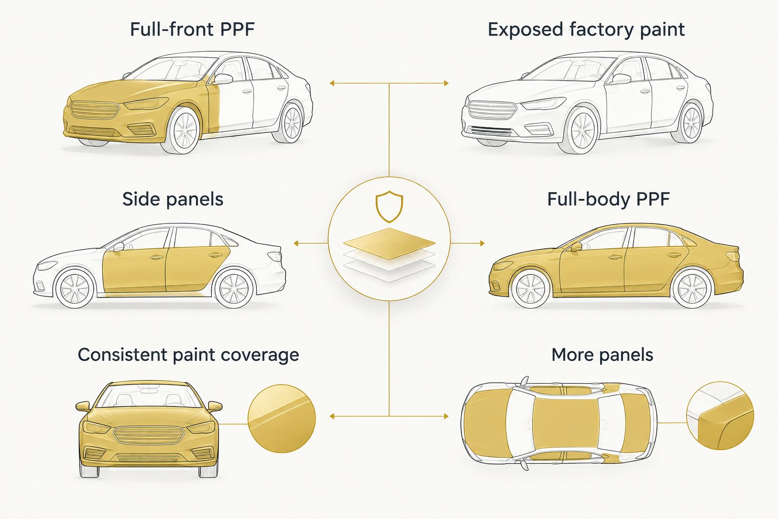 Next powered by EA Detailer Comparison of front-end and full-body paint protection film coverage
