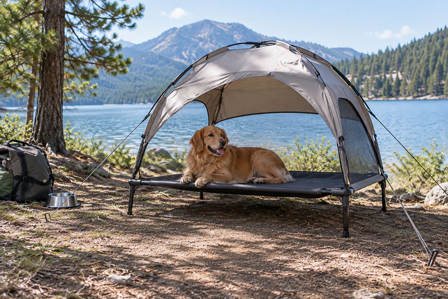 Elevated dog cot beneath open-sided camp shade with separate anchors and a clear entrance