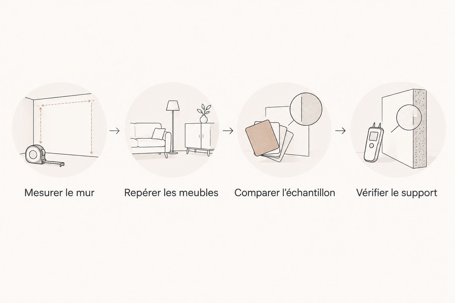 Les étapes pour vérifier le mur, le mobilier, l’échantillon et le support avant de choisir.