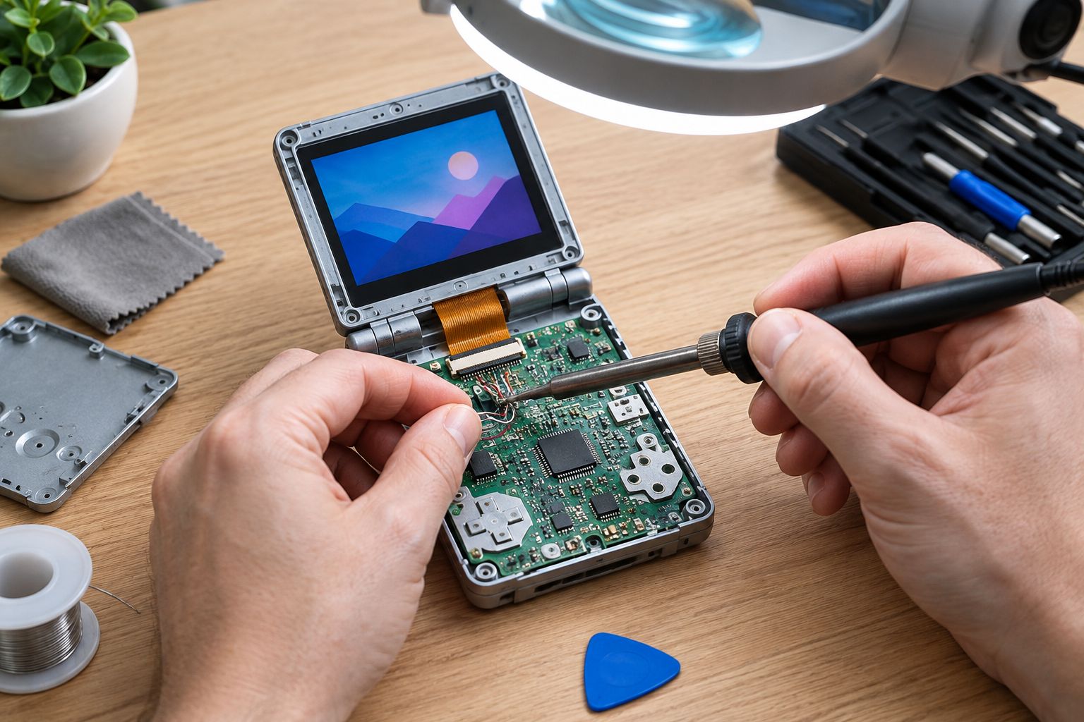 Hands soldering thin wires onto a handheld console circuit board