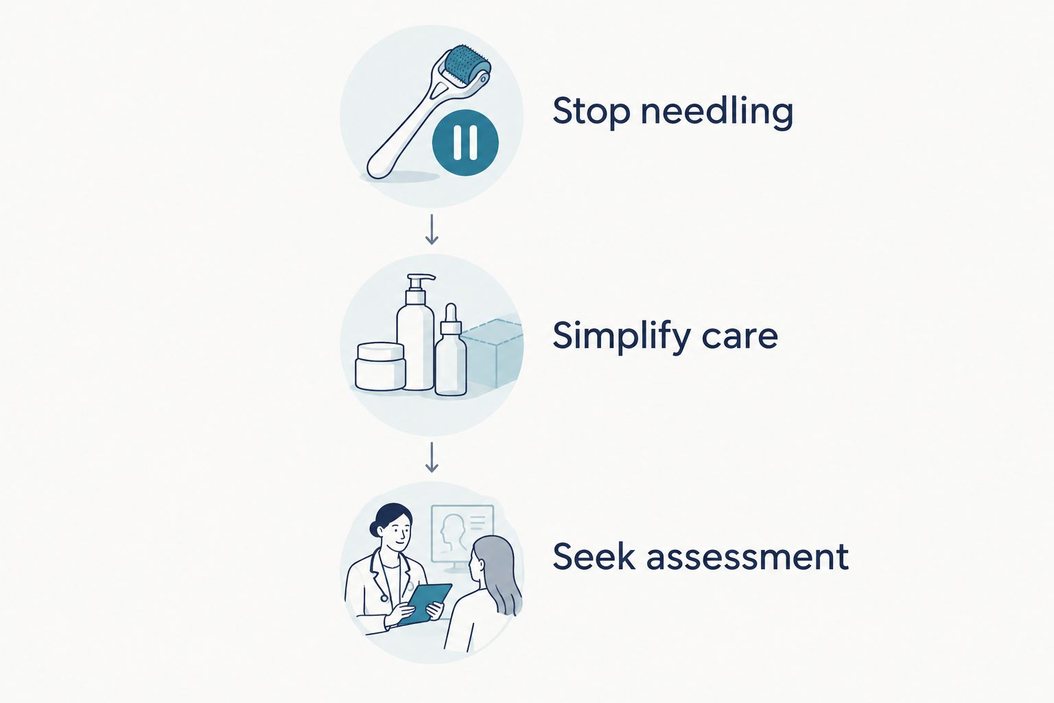 Steps for a concerning reaction: stop needling, simplify care, and seek assessment.